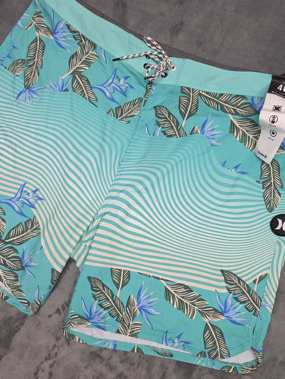 Hurley Teal 40 Floral Stripe Surf Board Shorts